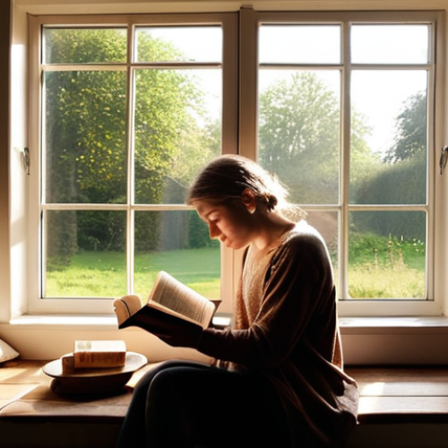 **A cozy reading nook in a Dutch home, sun streaming through the window, illuminating a person engrossed in a paperback book. The scene evokes a sense of relaxation and escape from daily stress. Include a steaming cup of tea on a nearby table.** (This visualizes "Lezen als Medicijn: Ontspanning en Stressvermindering," particularly the "Afleiding van de Dagelijkse Beslommeringen" aspect).