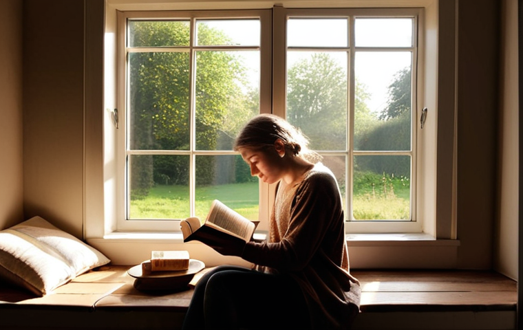 **A cozy reading nook in a Dutch home, sun streaming through the window, illuminating a person engrossed in a paperback book. The scene evokes a sense of relaxation and escape from daily stress. Include a steaming cup of tea on a nearby table.** (This visualizes "Lezen als Medicijn: Ontspanning en Stressvermindering," particularly the "Afleiding van de Dagelijkse Beslommeringen" aspect).