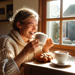 **A woman triumphantly finishing a complex knitting project, celebrating a small victory with a cup of coffee in a cozy, sunlit Dutch home.** (Focus: Celebrating small wins, Dutch setting)