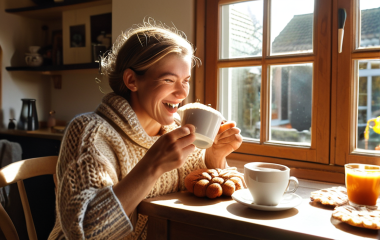 **A woman triumphantly finishing a complex knitting project, celebrating a small victory with a cup of coffee in a cozy, sunlit Dutch home.** (Focus: Celebrating small wins, Dutch setting)